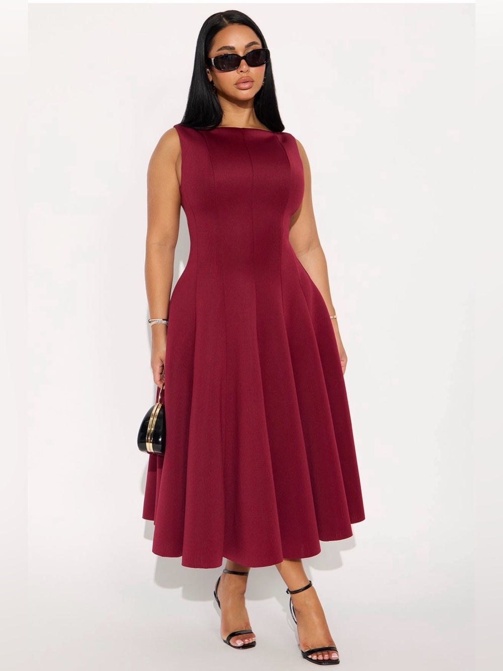 Sleeveless Fit-and-Flare Dress (Burgundy)